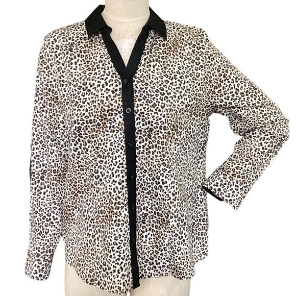 Chico's 1 (M/8) No-Iron Button-Up Contrast Black Trim Leopard Print Shirt 168D - Picture 2 of 7